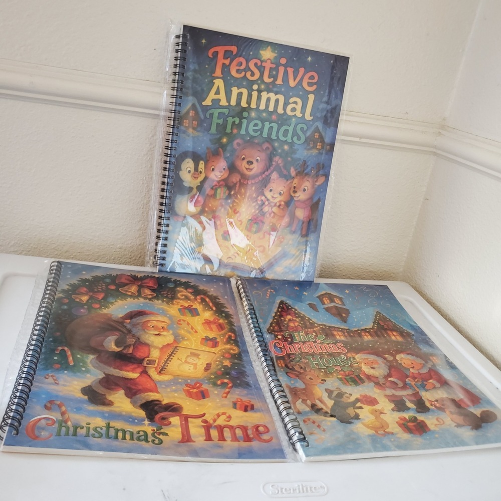 3pc Christmas Coloring Activity Book Set Festive Animal Friends Santa Kids New